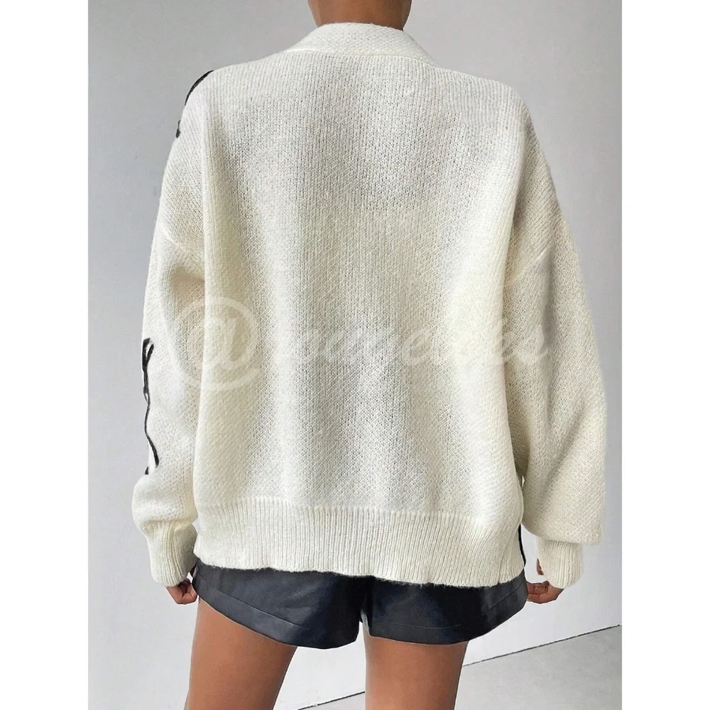 White Cardigan Knit Black Flower Appliqué Oversized Long Sleeves - Picture 6 of 7